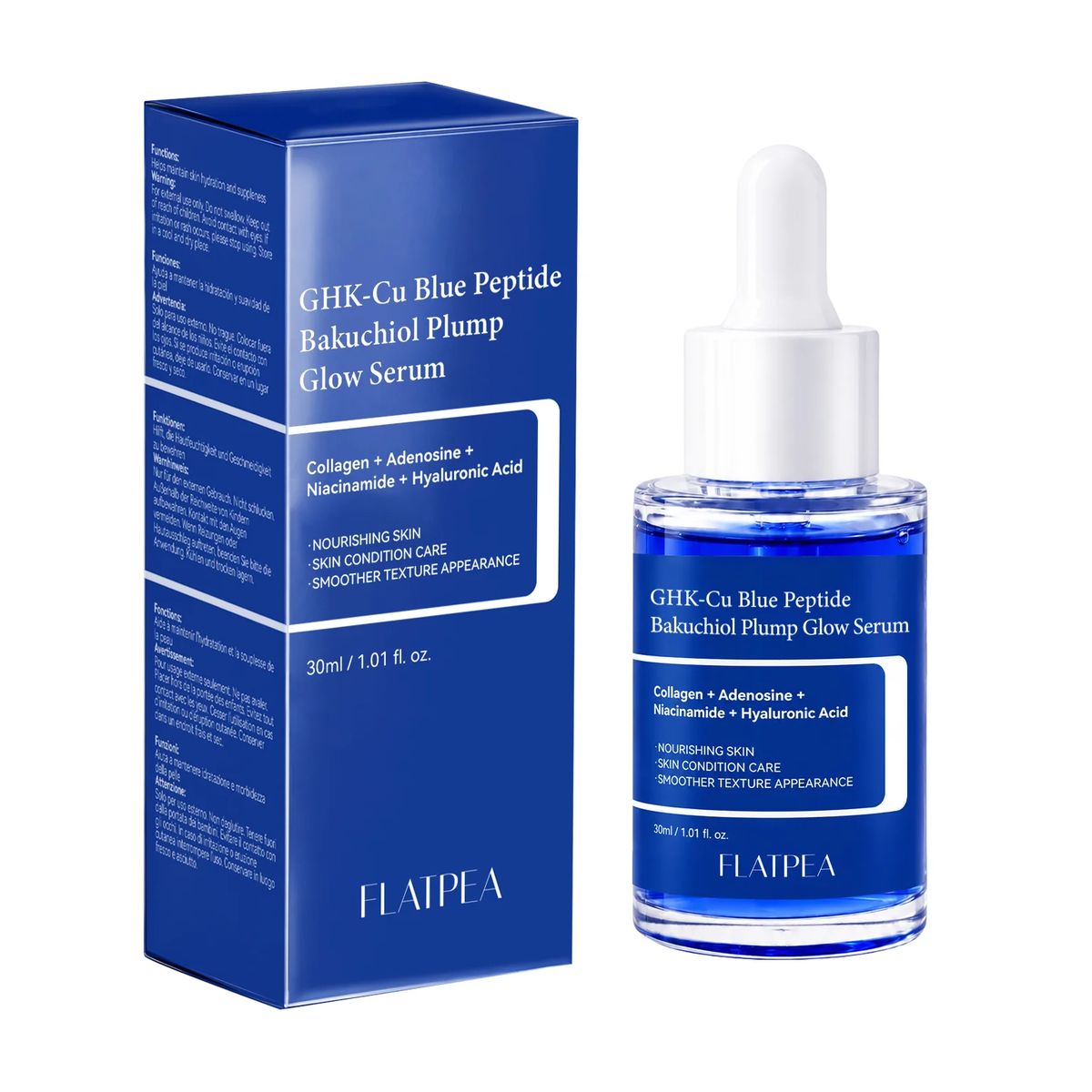 Blue Copper Peptide Bakuchiol Plump Glow Serum: 30 ml blue dropper bottle next to its blue box