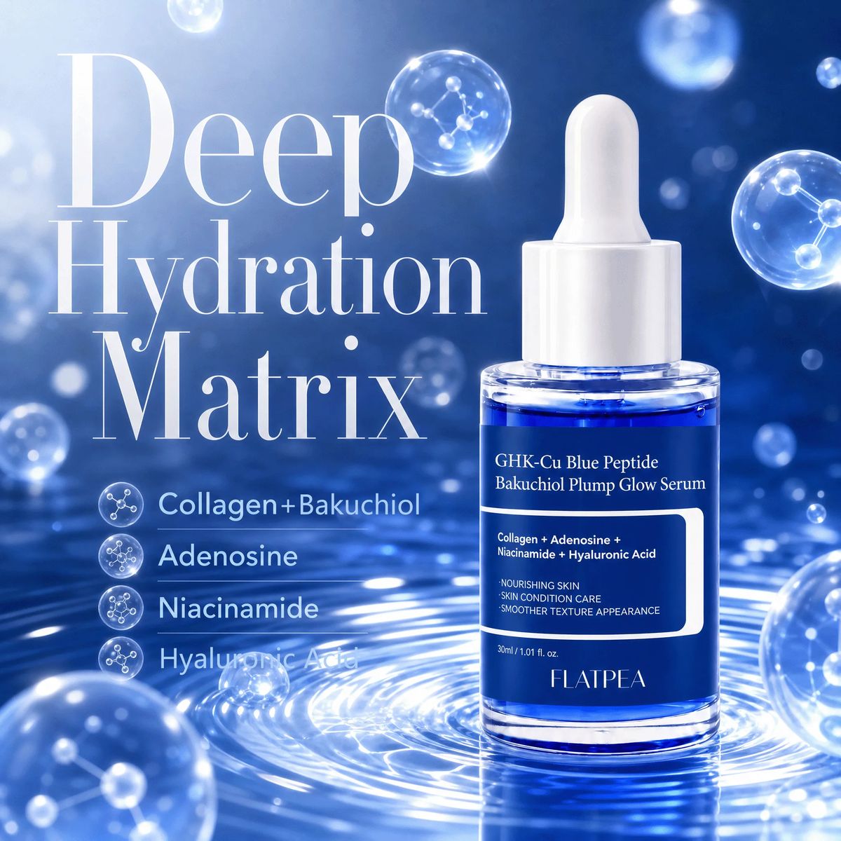 Blue Copper Peptide Bakuchiol serum in a 30 ml blue glass dropper bottle, surrounded by water bubbles, with collagen, bakuchiol, adenosine, niacinamide and hyaluronic acid listed