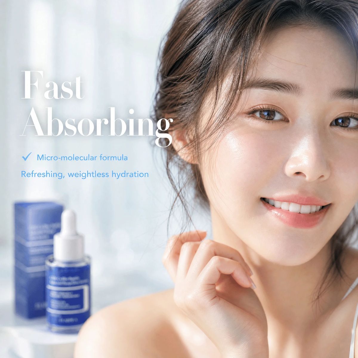 Woman with fresh-looking skin beside the Blue Copper Peptide Bakuchiol serum bottle and box